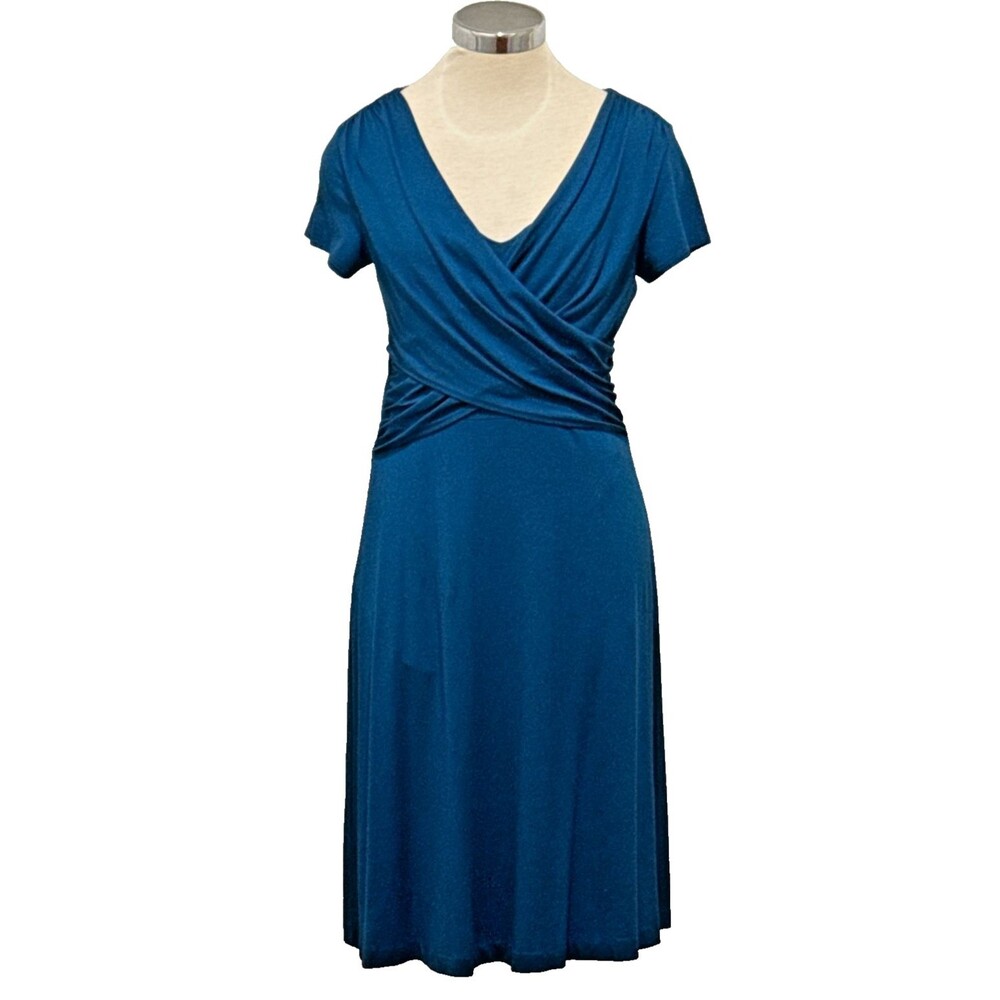 TALBOTS Size 6 Teal Faux Wrap Pull Over Ruching Slimming Jersey Dress Minimalist